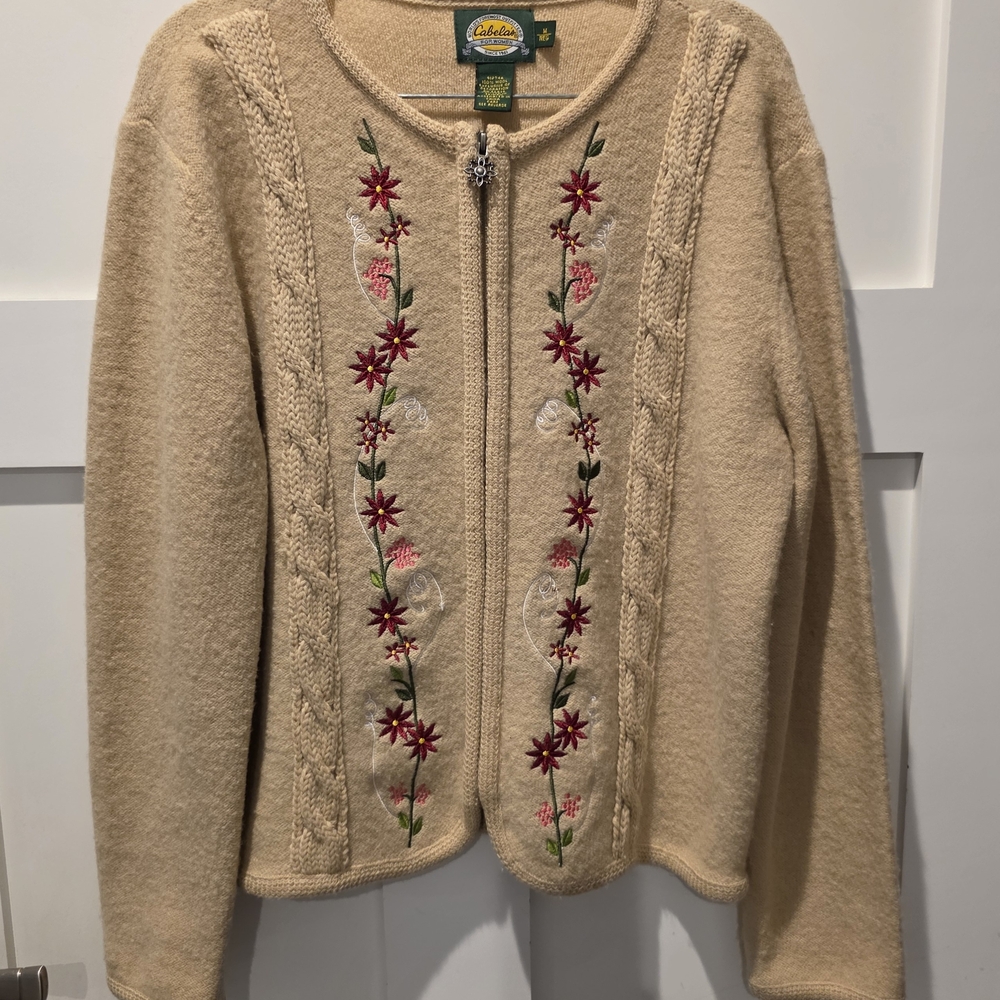 Vtg Cabela's Beige 100% Wool Floral Embroidered Zip Cable Knit Sweater Cardigan